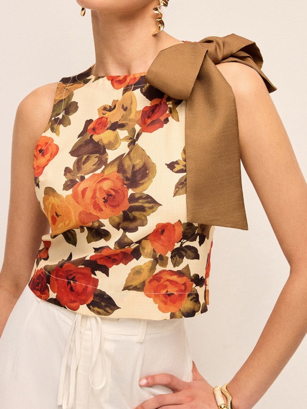 NWT Commense Floral Sleeveless Blouse Bow Shoulder Top Cream Brown Romantic Chic